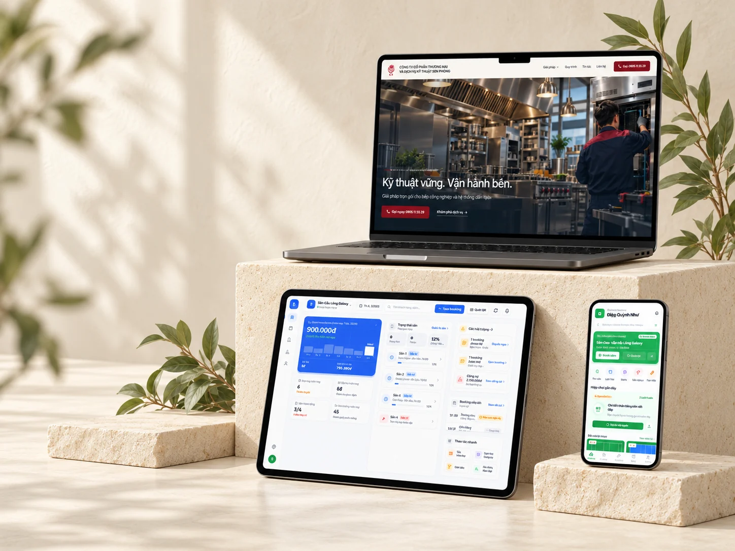 Laptop mở website Sen Phong, iPad và iPhone đang chạy ACE Sport