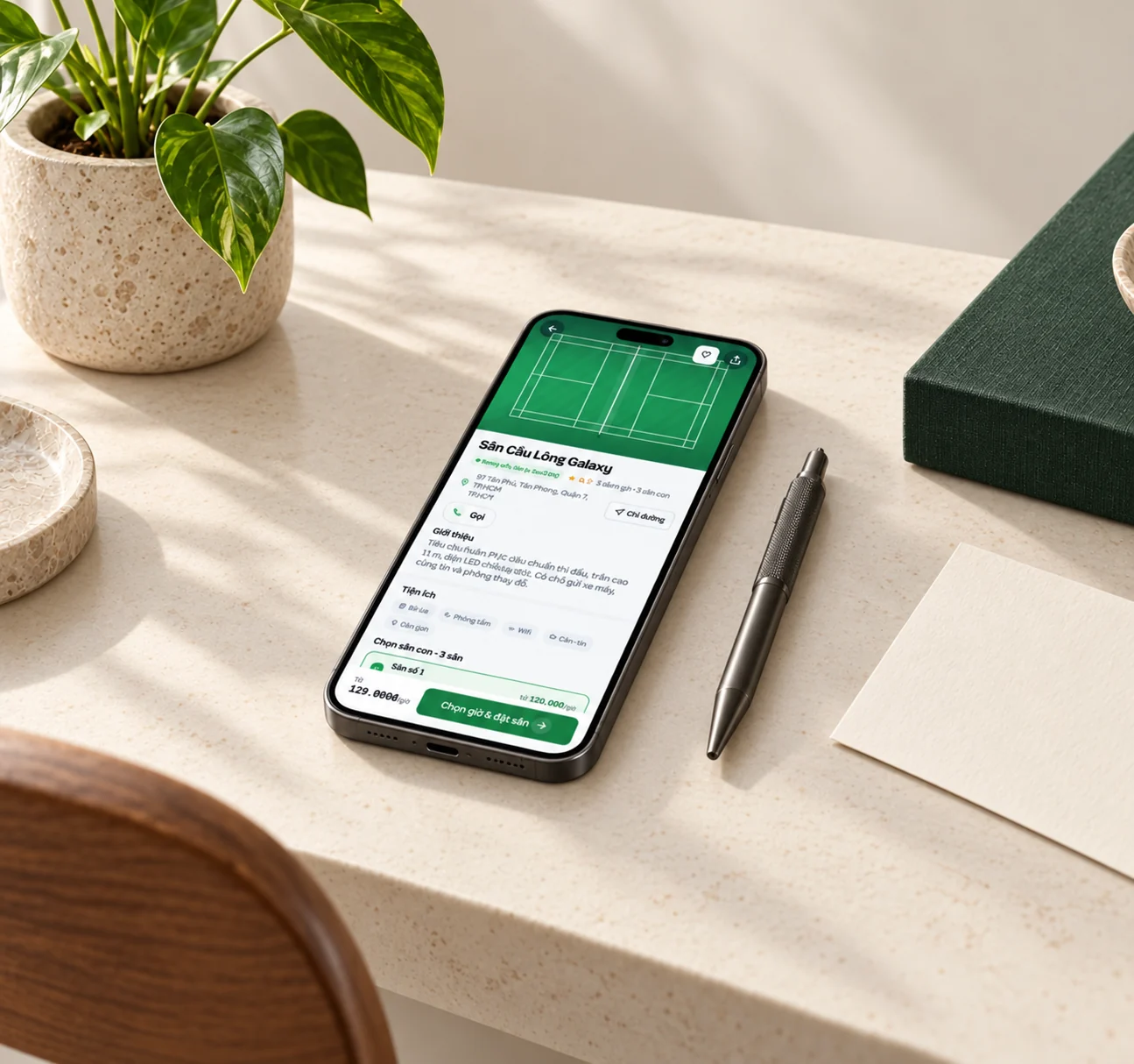 iPhone trên bàn làm việc, màn hình chi tiết sân của ACE Sport