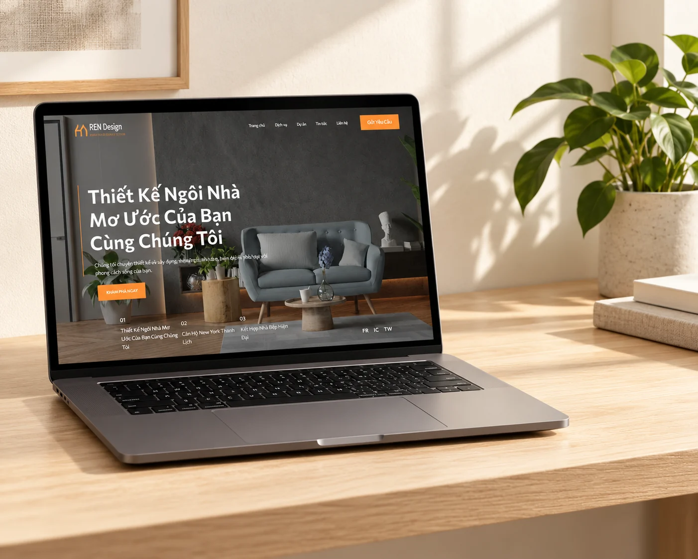 Laptop trên bàn làm việc màu kem, màn hình mở website REN Design