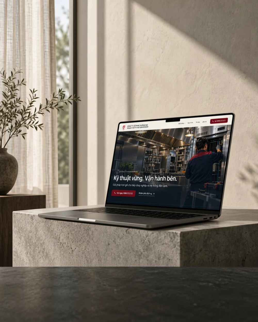Laptop trên bệ đá, màn hình đang mở website Sen Phong Service