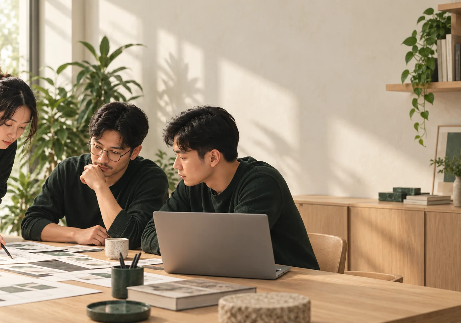 Đội ngũ sản phẩm cùng rà soát bản thiết kế quanh một chiếc bàn